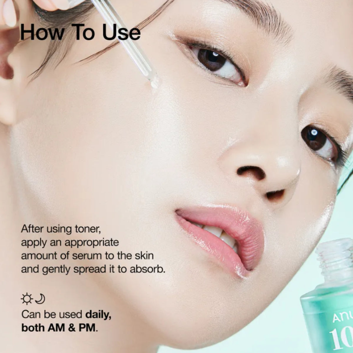 Close-up beauty instruction graphic showing a woman applying serum with a dropper, with text reading 'How To Use' and usage instructions. Part of a teal skincare bottle is visible in the lower right corner.