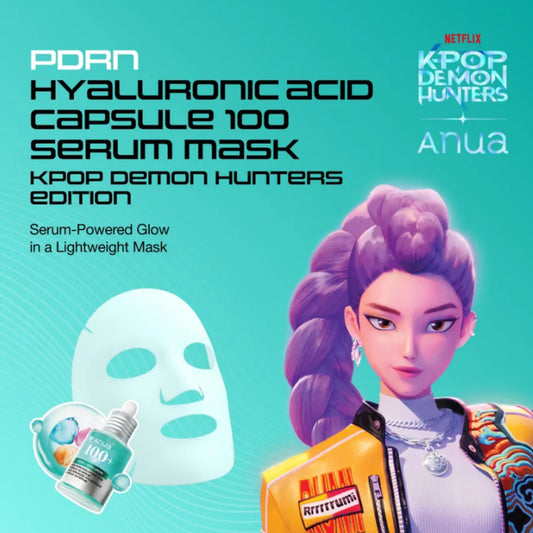 PDRN Hyaluronic Acid Capsule 100 Serum Mask Kpop Demon Hunters Edition by Anua, featuring a stylized purple-haired female character on a teal background with a white sheet mask and dropper bottle illustration.