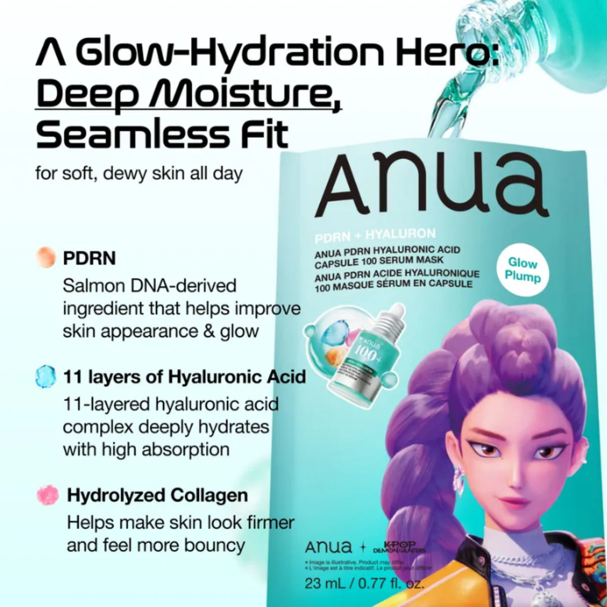 Anua Deep Moisture glow-hydration serum mask packaging shown on a light blue background with marketing text and illustrations. The box features a stylized purple-haired character and text highlighting PDRN, hyaluronic acid layers, and collagen benefits.