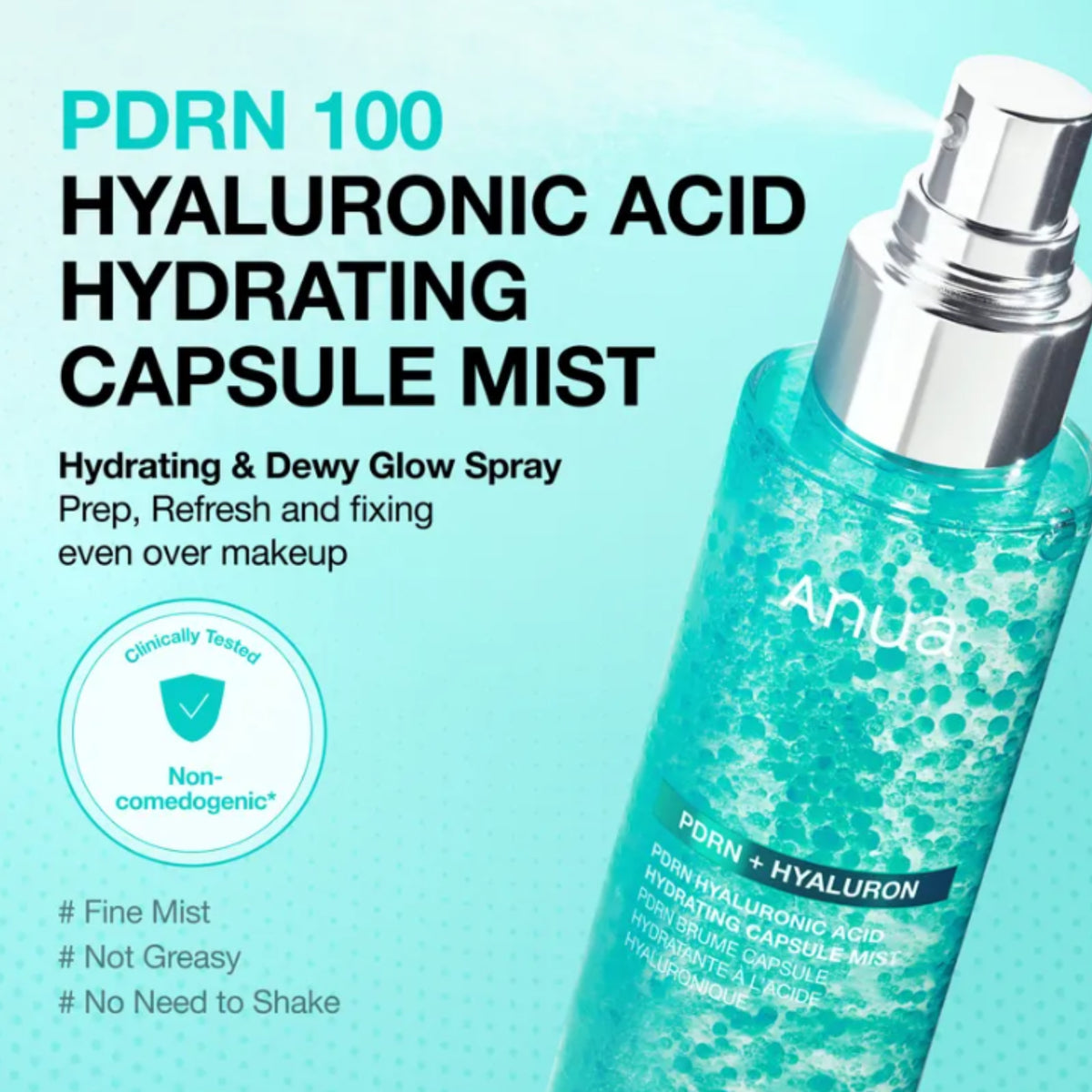 A bottle of ANUA PDRN 100 Hyaluronic Acid Hydrating Capsule Mist shown on a bright aqua background - non comedogenic badge.