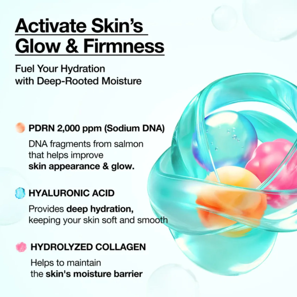 ANUA PDRN mist details; text about activating skin's glow and firmness, featuring DNA strands and hydrolyzed collagen.