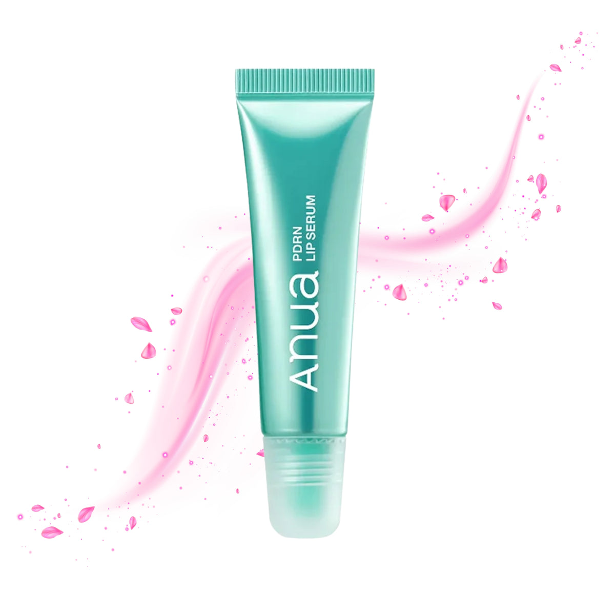 A mint green squeeze tube of ANUA PDRN Lip Serum, centered on a white background with decorative pink liquid swirls and small pink petals.