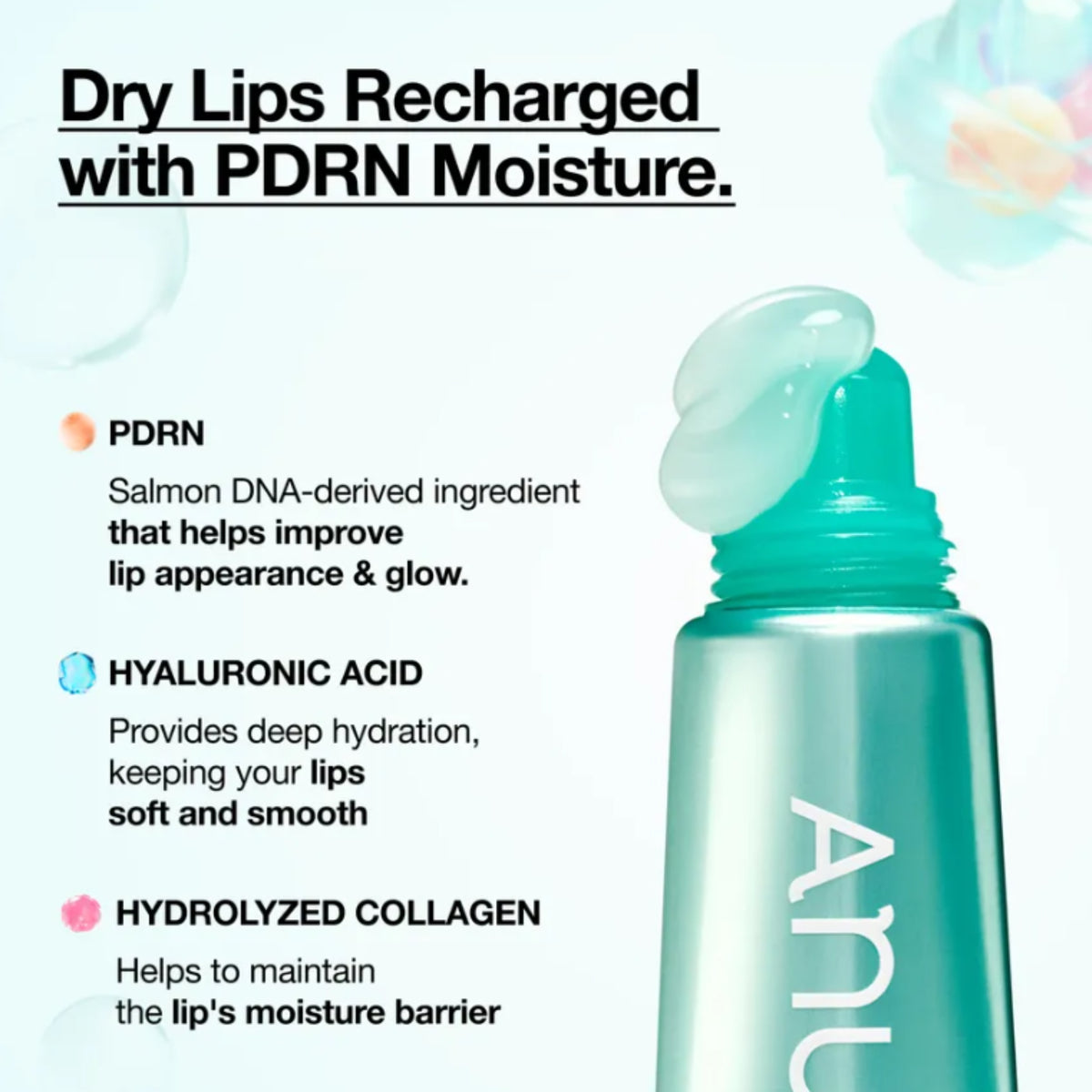 Anua - PDRN Lip Serum tube with a translucent teal cap and a clear gel swatch, shown on a pale blue background with marketing text about PDRN, hyaluronic acid, and hydrolyzed collagen for dry lips.