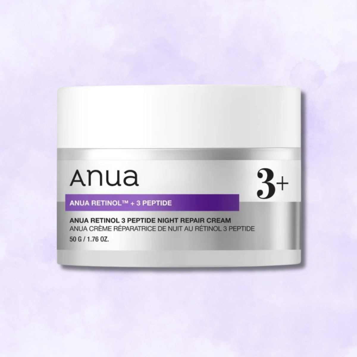 Anua Retinol 3 Peptide Night Repair Cream in a white jar with a silver and purple label, set against a light purple textured background.