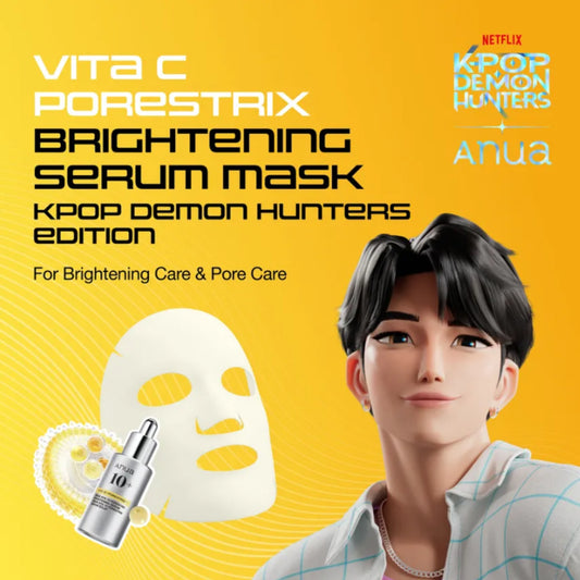 Vita C Porestrix Brightening Serum Mask Kpop Demon Hunters Edition, featuring a white sheet mask, a silver dropper bottle, and an illustrated male character on a bright yellow background with Netflix and Anua branding.