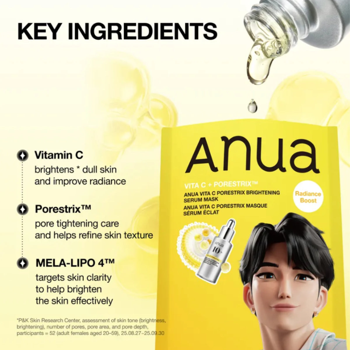 Anua Vitamin C Porestim Brightening Serum Mask packaging shown on a light beige background with ingredient callouts and a dropper pouring serum above. The box is bright yellow with black text and a circular skin-brightening graphic.