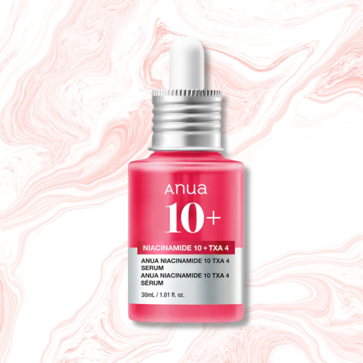 Anua 10+ Serum in a pink bottle with a white dropper cap and silver collar, set against a white background with pink marble veining.