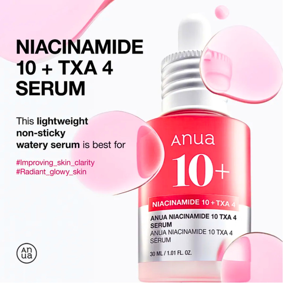Anua Niacinamide 10 + TXA 4 serum bottle with pink droplets on a white background