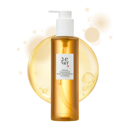 A bottle of Glowing Beauty of Joseon Cleansing Oil with a white pump dispenser, set against a white background with a large golden bubble circle and soft light effects.