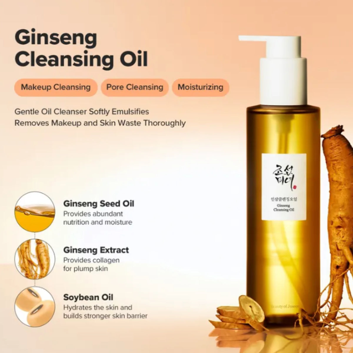 Beauty of Joseon Ginseng Cleansing Oil in a clear pump bottle with a white cap, shown on a peach background with text describing benefits from ginseng seed oil, ginseng extract, and soybean oil, plus ginseng root illustrations.