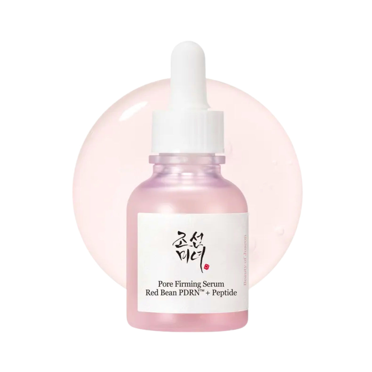 Beauty of Joseon glass dropper bottle of Pore Firming, Red Bean PDRN + Peptide Serum with a white cap and a white label featuring black and red text, set against a white background with a soft pink circular graphic behind it.