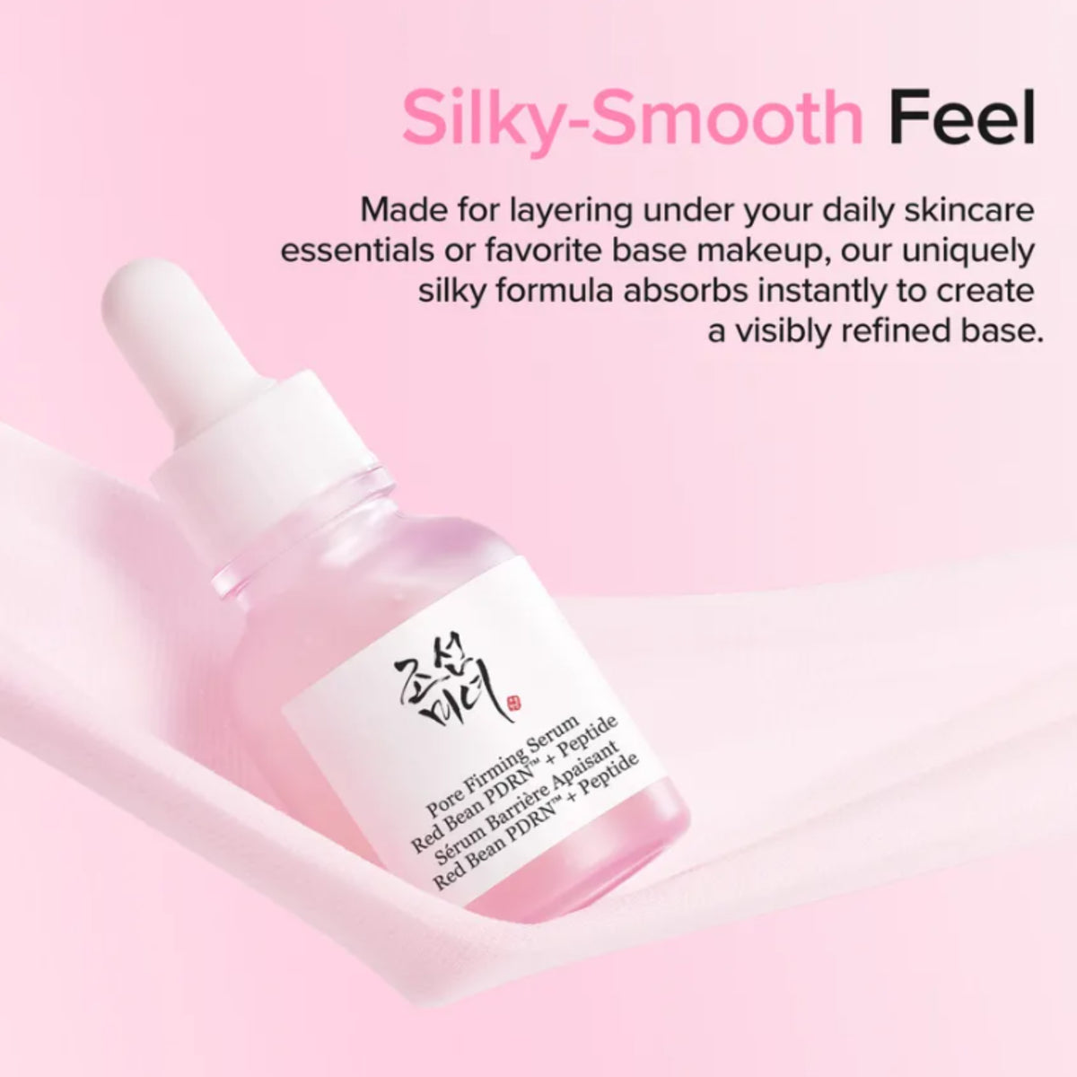 Beauty of Joseon glass dropper bottle of Pore Firming, Red Bean PDRN + Peptide Serum bottle with a white dropper cap, shown on a soft pink background with promotional text reading 'Silky-Smooth Feel' and product details on the label.