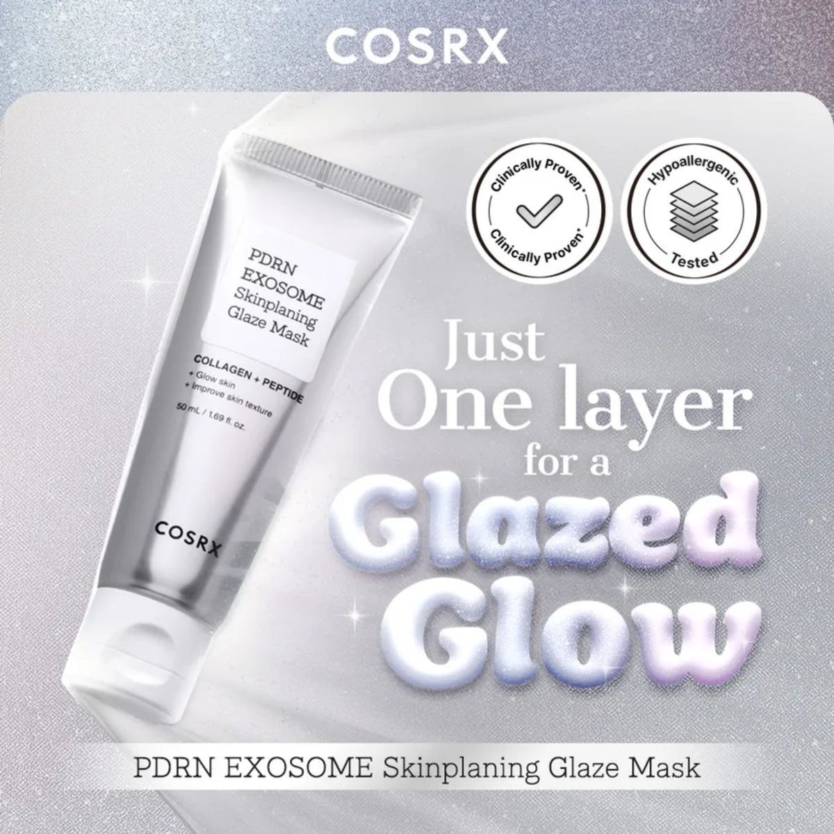 COSRX PDRN EXOSOME Skinplaning Glaze Mask in a white squeeze tube, shown on a sparkling silver background with promotional text and certification badges.