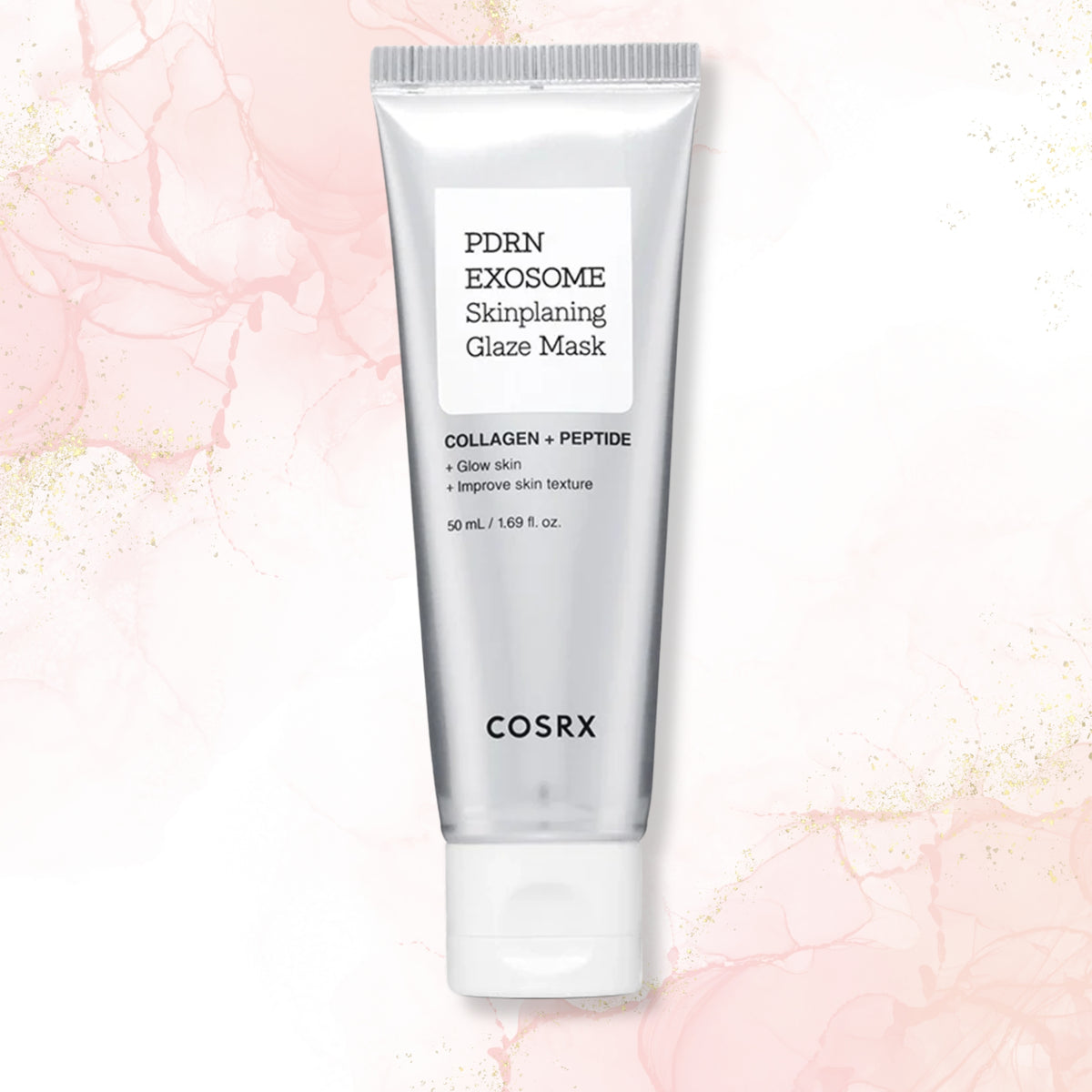 COSRX PDRN Exosome Skinplaning Glaze Mask in a 50 mL silver squeeze tube with a white cap, centered on a light pink marbled background with subtle gold glitter.