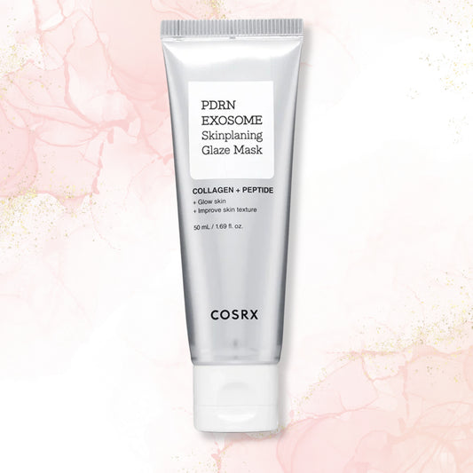 COSRX PDRN Exosome Skinplaning Glaze Mask in a 50 mL silver squeeze tube with a white cap, centered on a light pink marbled background with subtle gold glitter.
