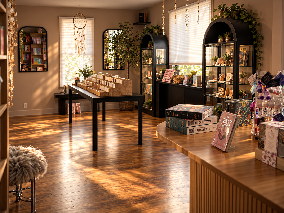 A warm, sunlit bookstore boutique interior with hardwood floors, arched display cases, shelves, and a wooden counter. 