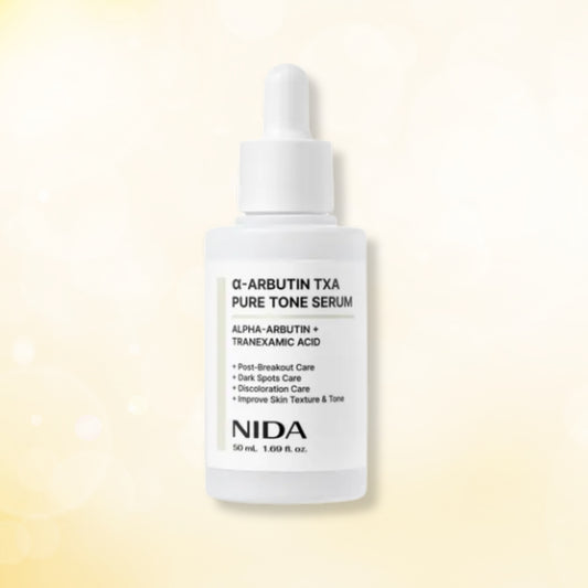 NIDA Pure Tone Serum in a 50 mL white dropper bottle, featuring a clean white label with black text, set against a soft, warm yellow and beige gradient background.