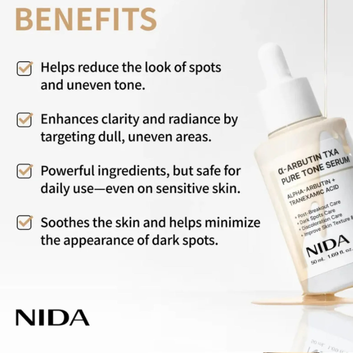 NIDA Alpha-Arbutin TXA Pure Tone Serum bottle shown on a clean white background beside a bulleted benefits section with checkmarks and product claims.
