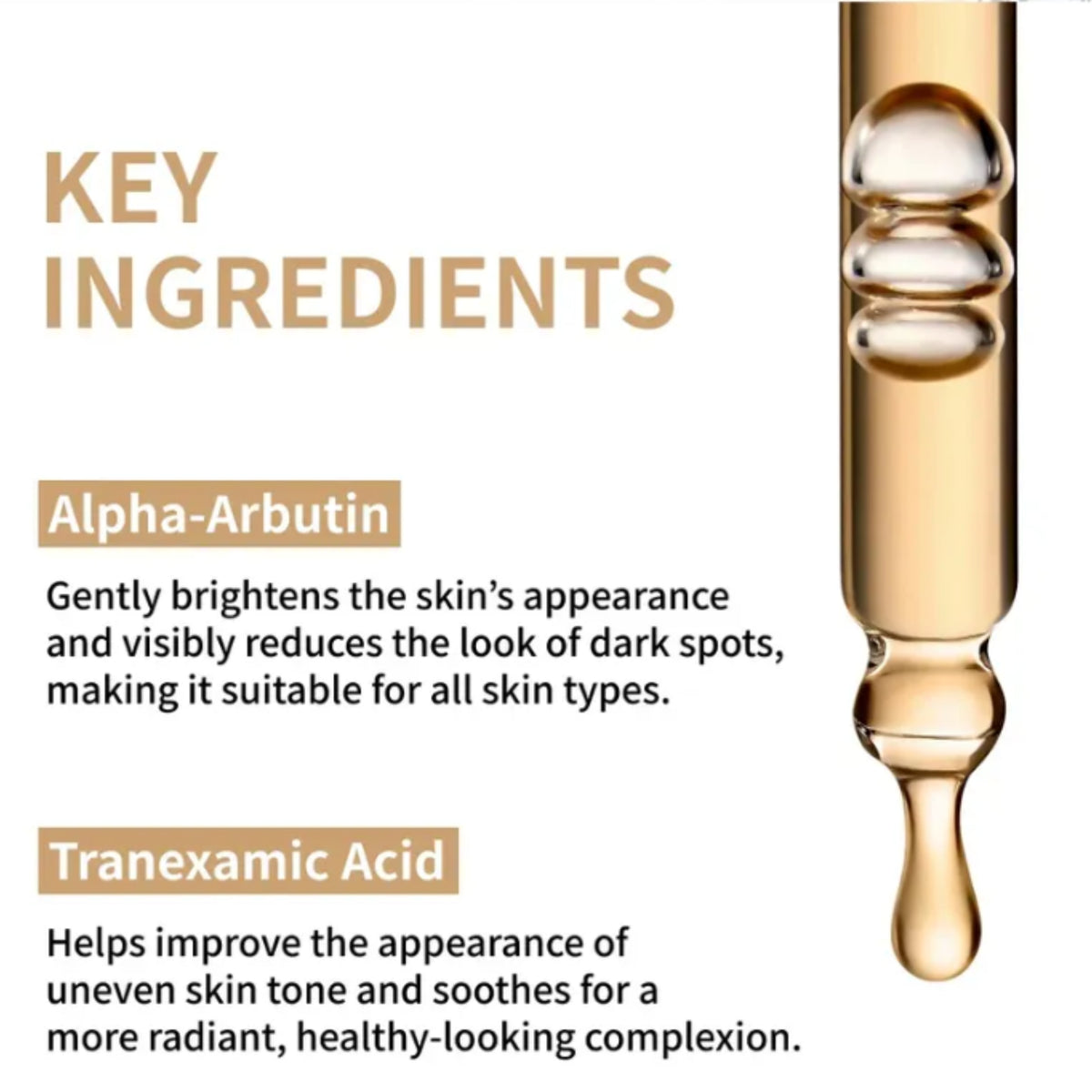 NIDA - Alpha-Arbutin TXA Pure Tone Serum infographic with text describing key ingredients Alpha-Arbutin and Tranexamic Acid alongside a close-up of a golden serum dropper on a white background.
