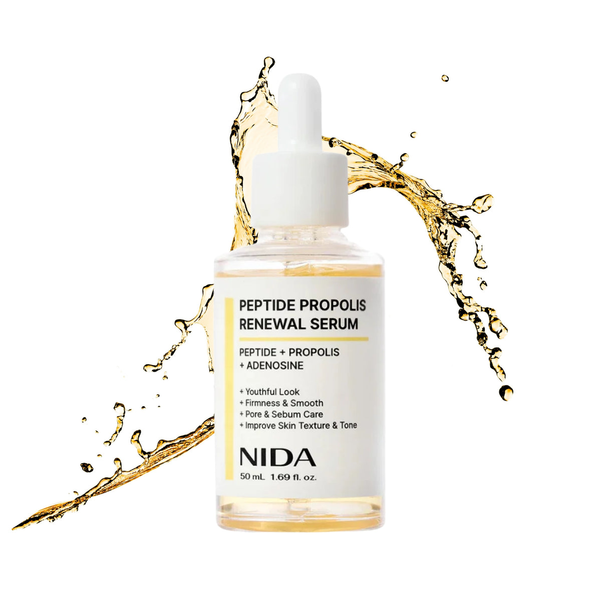 NIDA Peptide Propolis Renewal Serum in a 50 ml dropper bottle, shown with a golden liquid splash on a clean white background.