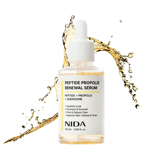 NIDA Peptide Propolis Renewal Serum in a 50 ml dropper bottle, shown with a golden liquid splash on a clean white background.
