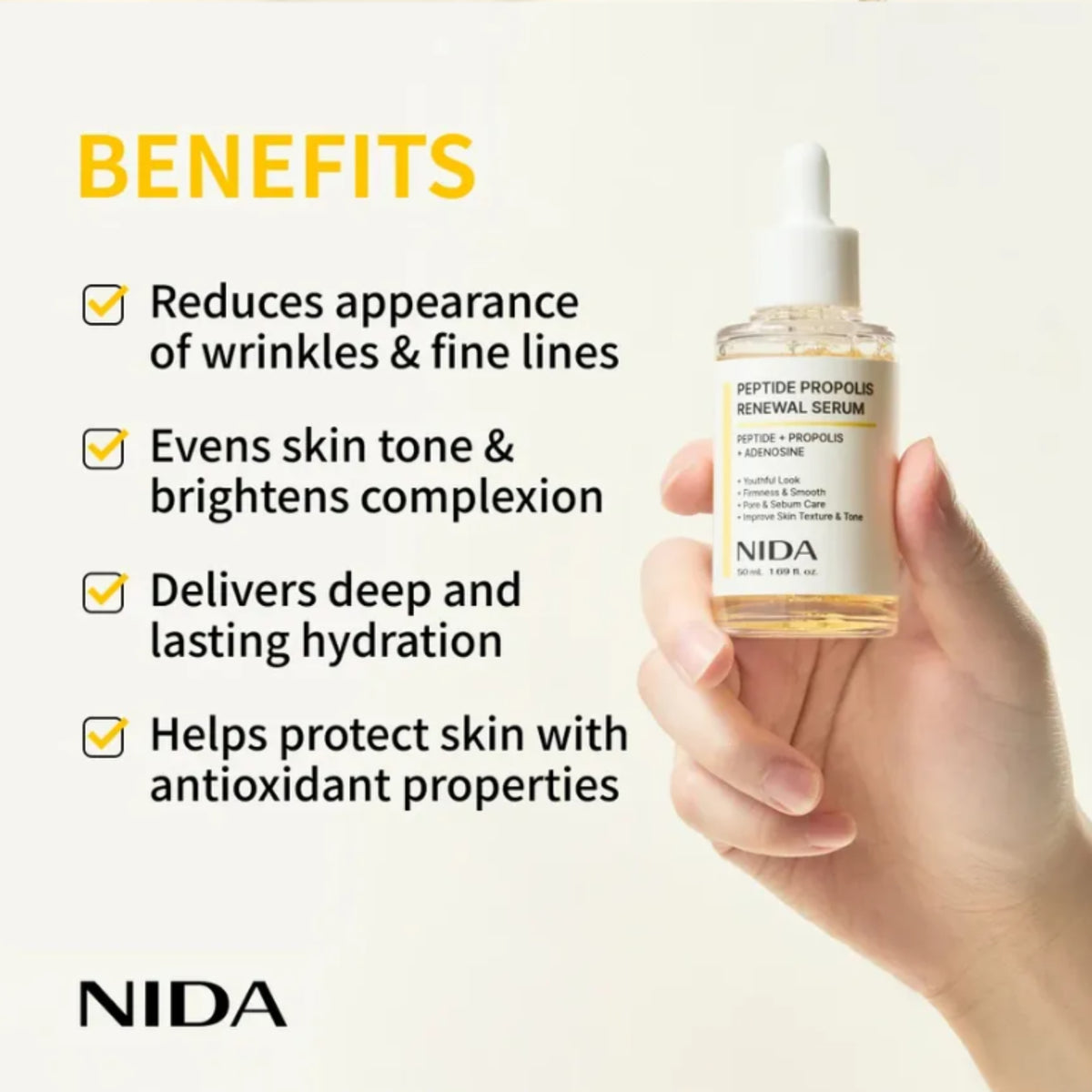A hand holding a small glass bottle of NIDA Peptide Propolis Renewal Serum against a light cream background, with text listing benefits such as reducing wrinkles and even skin tone.