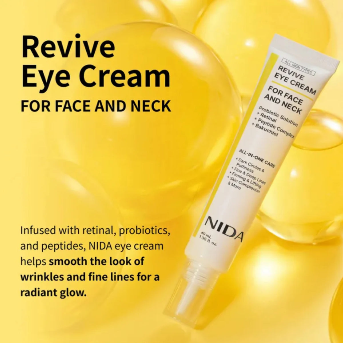 NIDA Revive Eye Cream tube with text on a yellow background