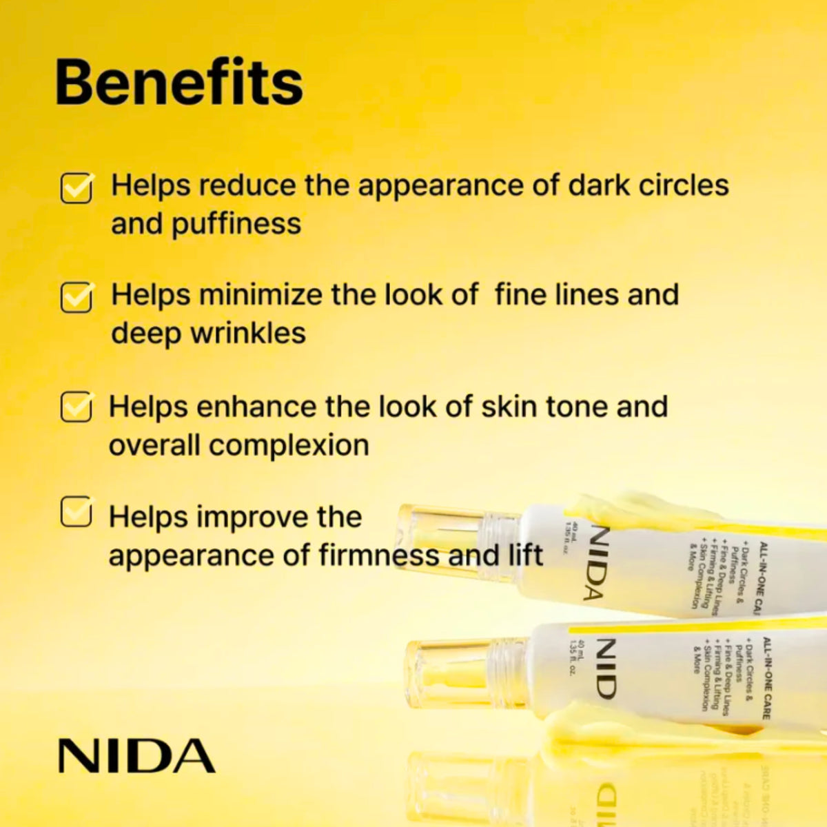 Benefits for NIDA Revive Eye Cream showing four checked text points on a yellow gradient background, with two white NIDA tubes lying diagonally at the bottom right.