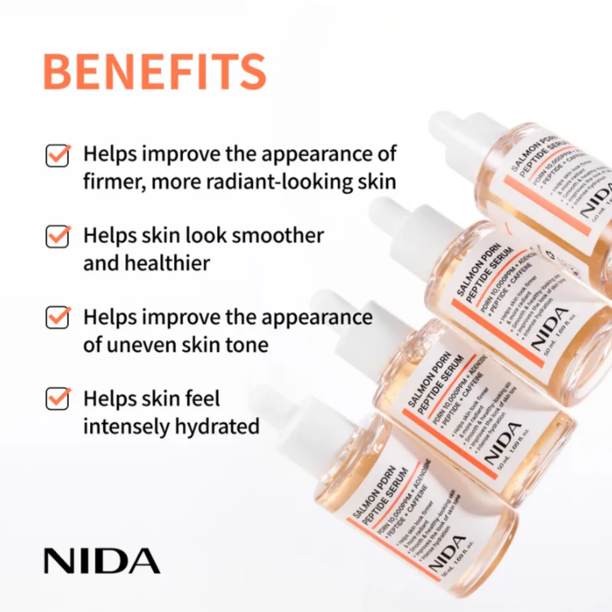 NIDA Salmothione Peptide Serum bottles shown on a white background with promotional text listing skin benefits, including firmer, more radiant-looking skin, smoother and healthier skin, even skin tone, and intense hydration.