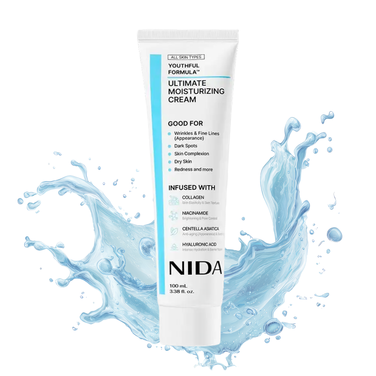 A white tube of NIDA Youthful Formula Ultimate Moisturizing Cream with blue accents, set against a white background with a blue water splash graphic.