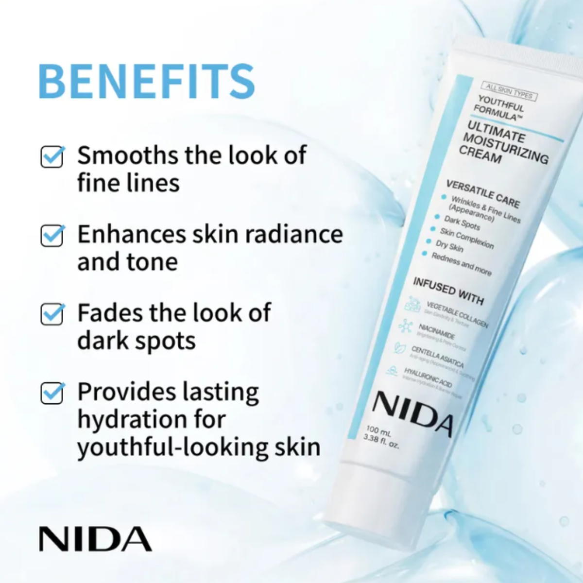 NIDA Youthful Formula Ultimate Moisturizing Cream tube shown on a light blue graphic background with text listing benefits such as smoothing fine lines, enhancing skin radiance, fading dark spots, and providing lasting hydration.