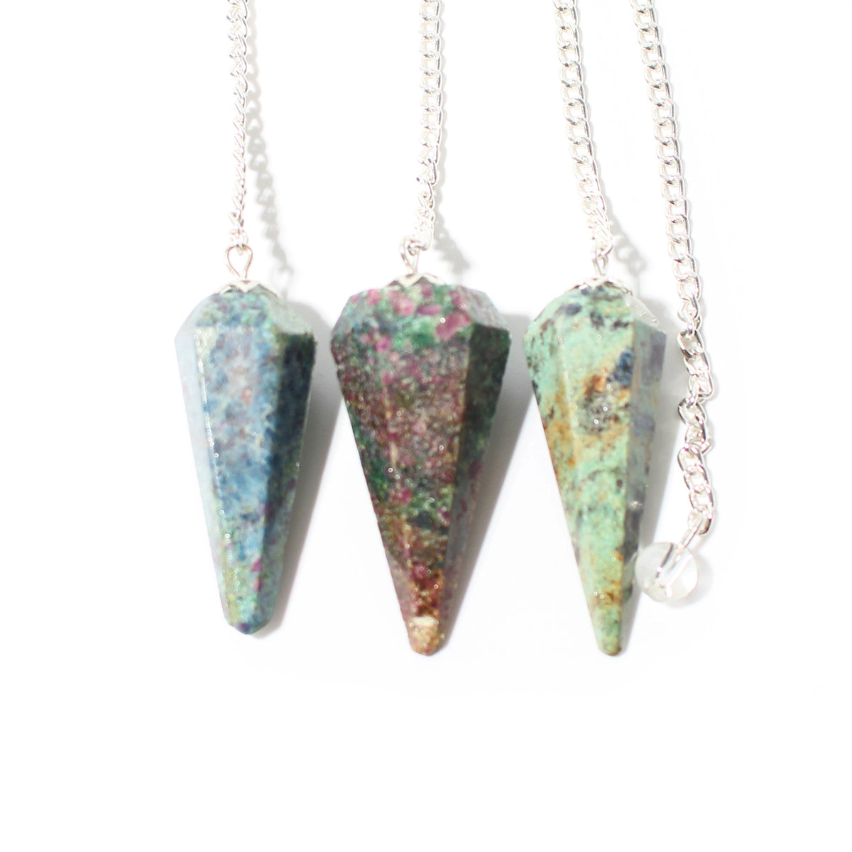 Ruby Zoisite Pendulum 6 Facet & Bead shown in a group; sold individually