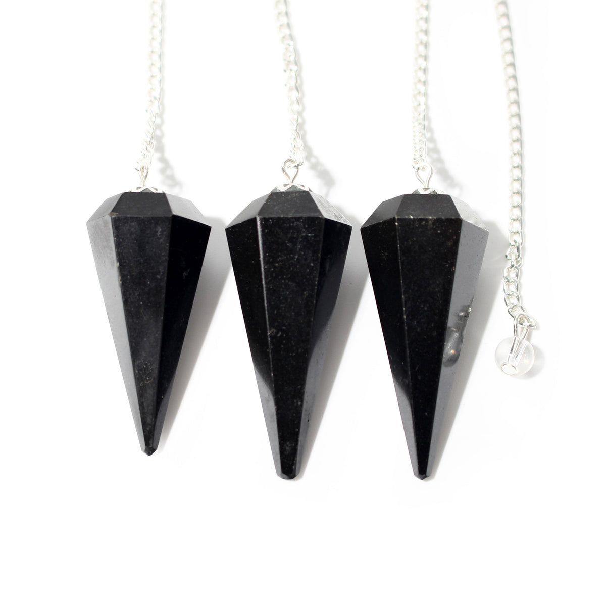 Black Tourmaline Pendulum 6 Facet & Bead shown in a group; sold individually