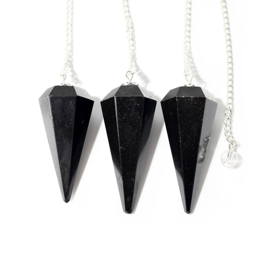 Black Tourmaline Pendulum 6 Facet & Bead shown in a group; sold individually