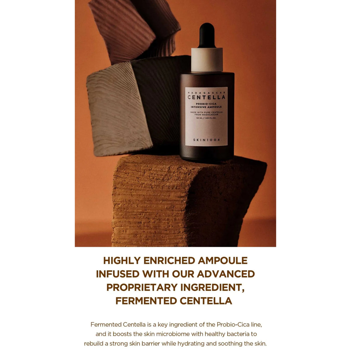 SKIN1000 Centella Fermented Ampoule, styled on a textured block against a warm brown background with abstract geometric props and descriptive text below.