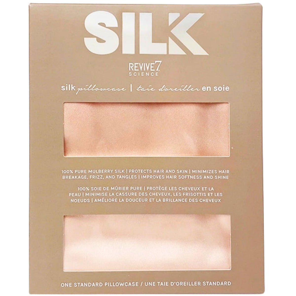 Revive7 Science Silk Pillowcase in a light peach-beige color, shown in its original packaging box. The box is a warm taupe-beige color with white text and features two clear window cutouts displaying the satin-like silk pillowcase material.