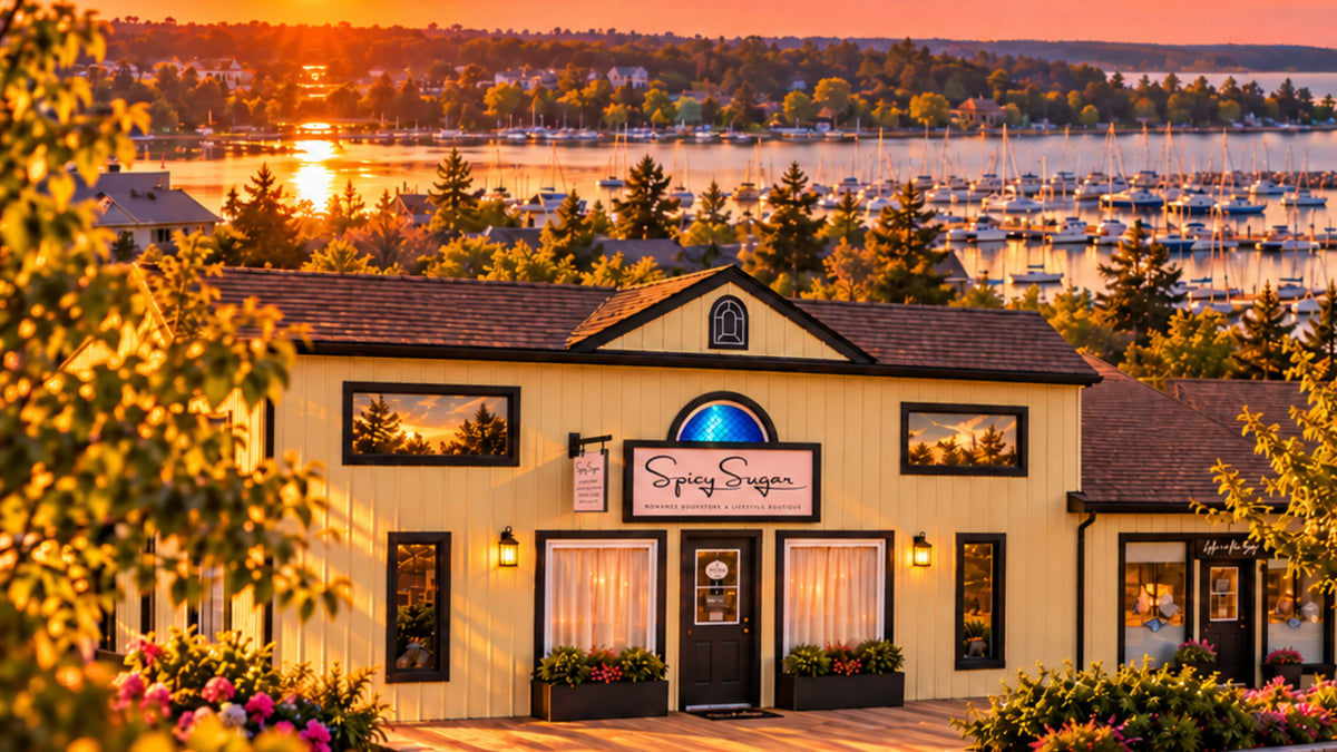Aerial photo of Spicy Sugar Bookstore, situated by a lake at sunset. Many boats are visible in the marina in the distance.