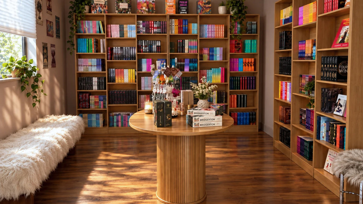 A cozy interior scene with tall wooden bookshelves filled with colorful books, a round wooden table in the center with decorative items, a white faux-fur bench by a window, and warm sunlight streaming across the room.