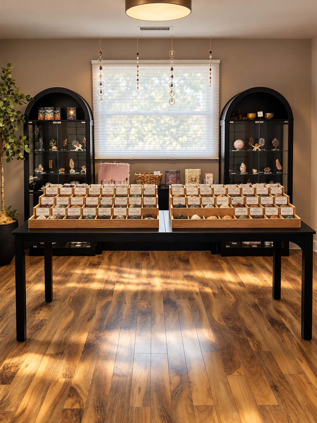 A large black display table in a bookstore, holding two long wooden trays filled with gens, stones and crystals. Behind the table are two tall black arched display cabinets with shelves of crystals, minerals, and decorative objects, plus a window with sheer white blinds and warm wood flooring.