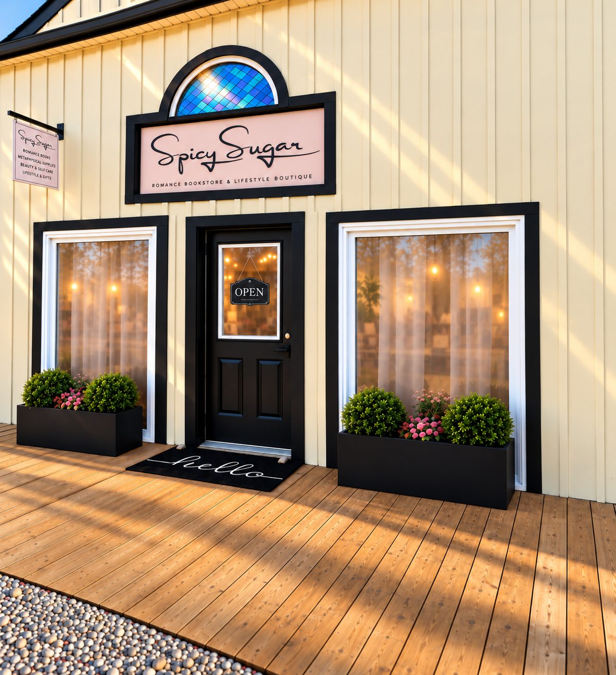 Front exterior of a boutique building with a wooden deck, black-framed windows and door, a hanging sign reading SpicySugar, and planter boxes with greenery and pink flowers.