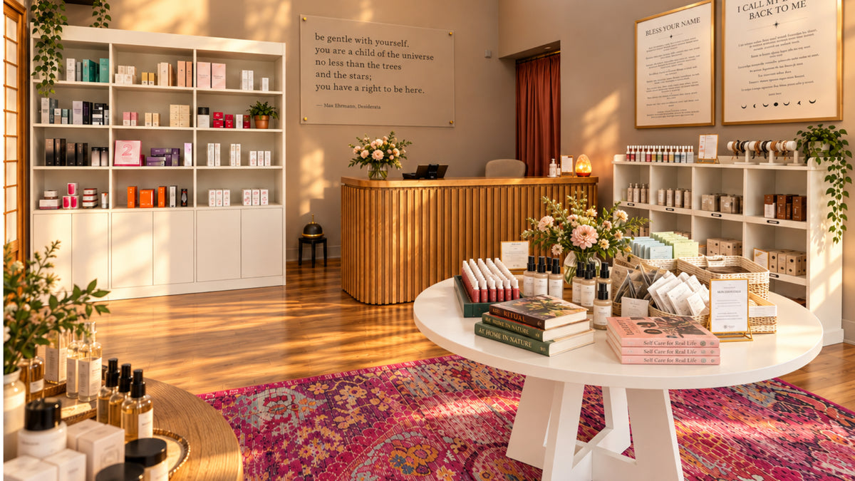 A beautifully styled bookstore boutique interior with white shelves, a wooden reception desk, and a round white table displaying skincare products, books, and floral arrangements on a bright patterned rug.