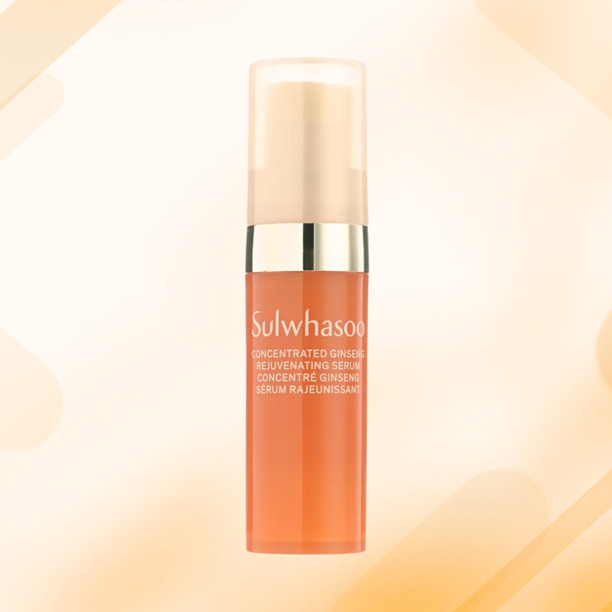 Sulwhasoo Concentrated Ginseng Rejuvenating Serum in a translucent orange bottle with a gold collar and a frosted cap, centered on a warm beige background with soft abstract shapes.