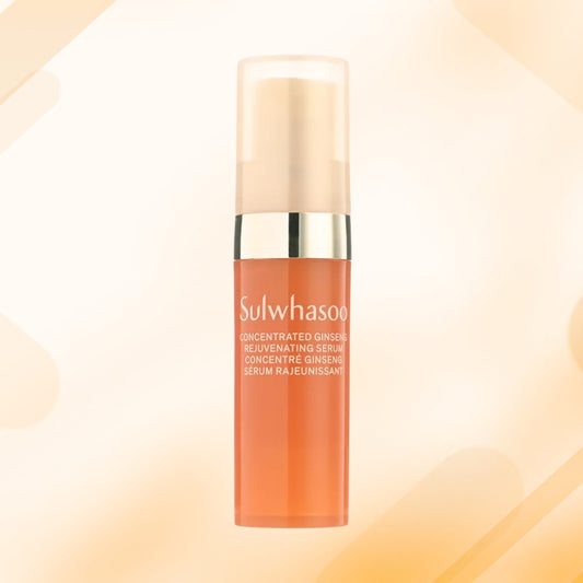 Sulwhasoo Concentrated Ginseng Rejuvenating Serum in a translucent orange bottle with a gold collar and a frosted cap, centered on a warm beige background with soft abstract shapes.