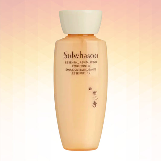Sulwhasoo Emulsion EX bottle in a soft peach-beige color with a white cap, centered on a light peach gradient background.