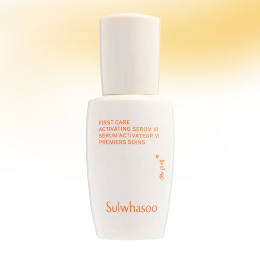 Sulwhasoo First Care Activating Serum VI in a white bottle with orange text, centered on a soft yellow-to-white gradient background.