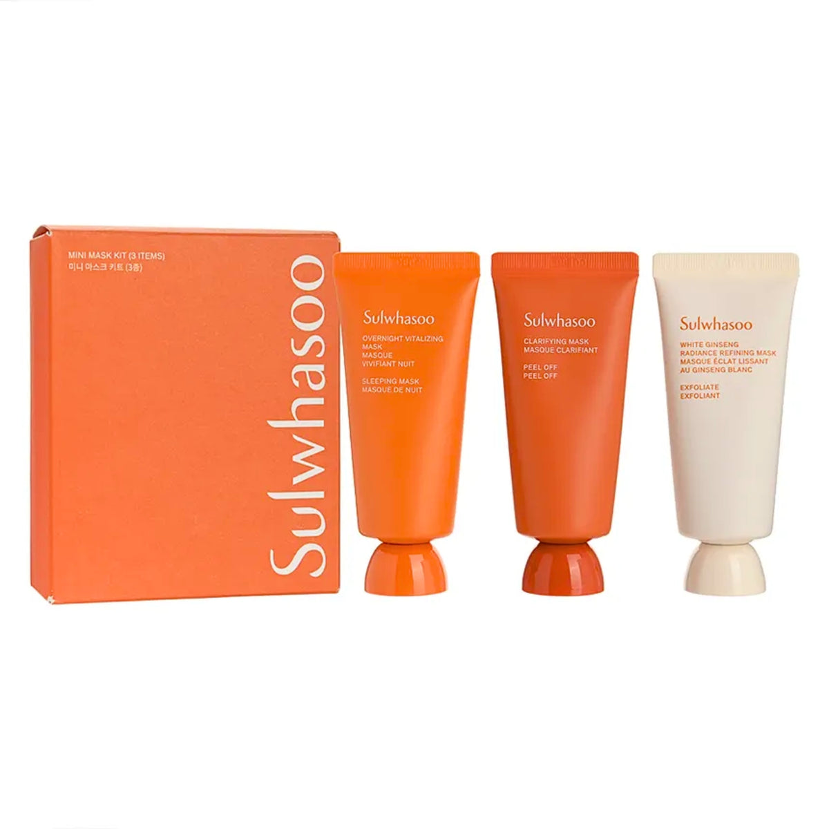 Sulwhasoo mini mask kit set including an orange box, White Ginseng Radiance Refining Mask Mini 35ml, Clarifying Mask Mini 35ml and Overnight Vitalizing Mask Mini 35ml.
