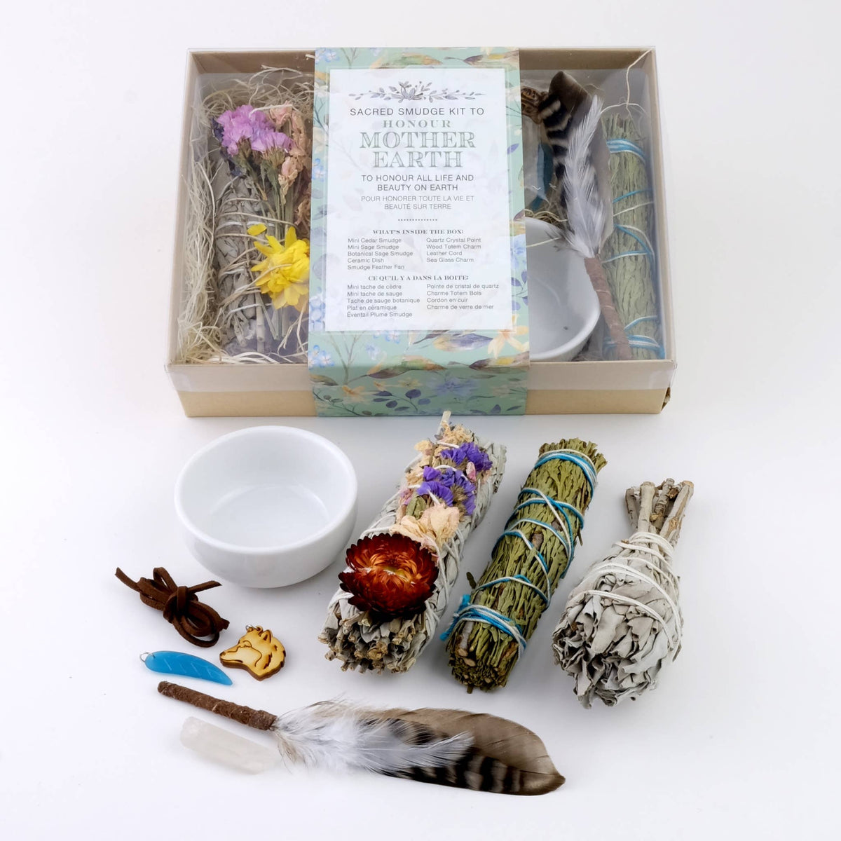 Honour Mother Earth Smudge Kit with herb bundles, white dish, feather fan, crystal and gift box