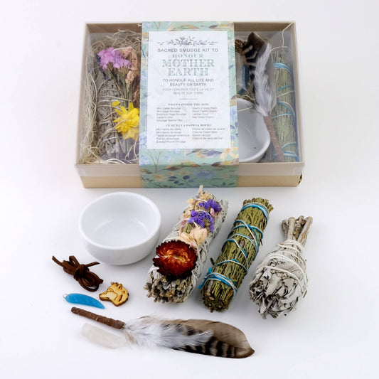 Honour Mother Earth Smudge Kit with herb bundles, white dish, feather fan, crystal and gift box