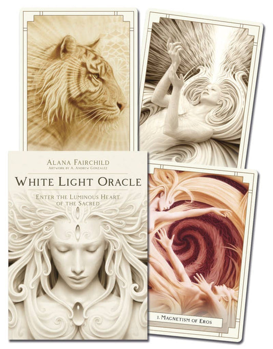 White Light Oracle box and sample cards with artwork by A. Andrew Gonzalez