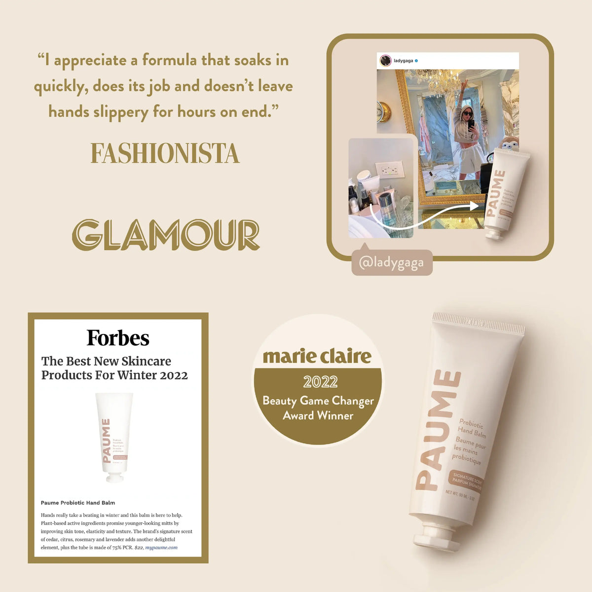 PAUME Hand Balm with accolades from Glamour, Forbes, and Marie Claire on a beige background